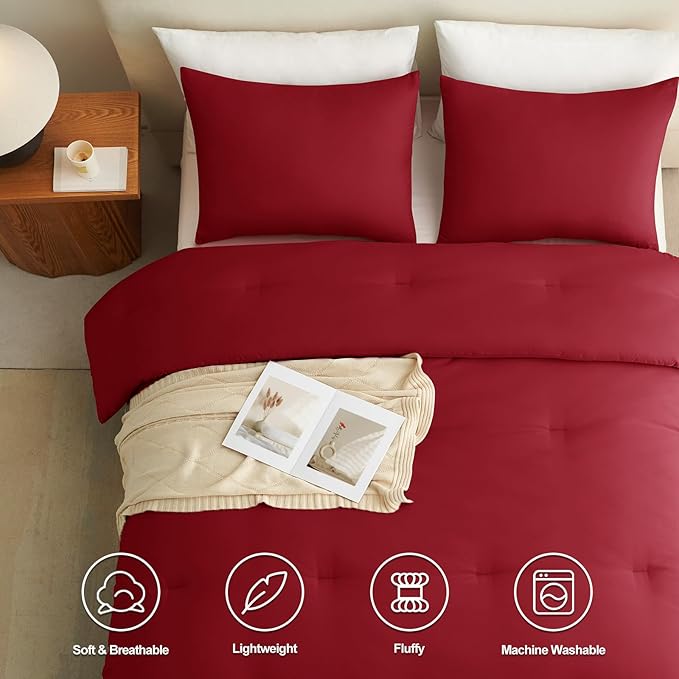 CozyLux Full Size Comforter Set Dark Red, 3 Pieces Solid Breathable Quilted Bedding Sets, Luxury Lightweight Soft Bed Set with Down Alternative Comforter and 2 Pillowcases for All Seasons