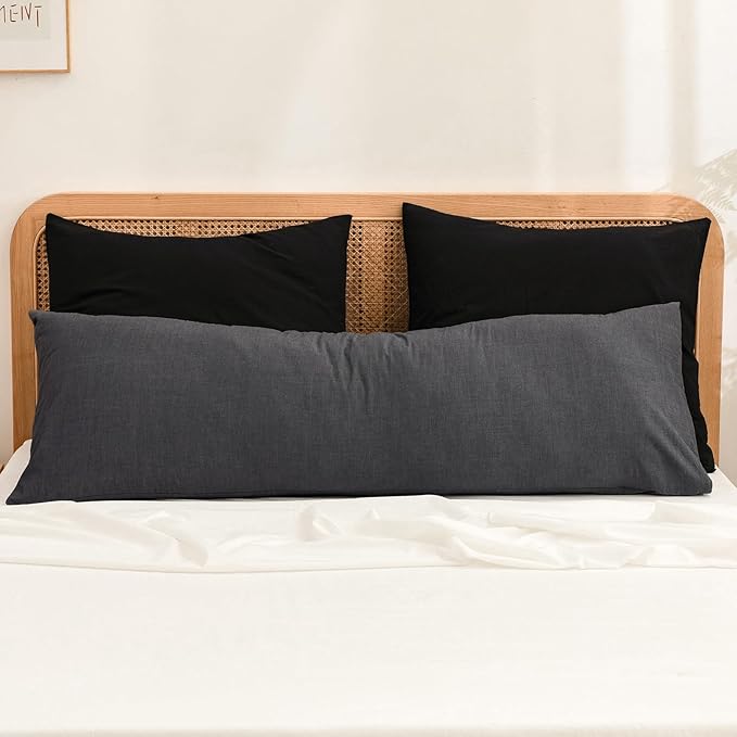 BESTOUCH 100% Washed Cotton Pillowcase for Hair and Skin Linen Feel Soft Comfortable Breathable 1 Pcs Pillow Case with Envelope Closure Solid Dark Black Body 20x54 Inches