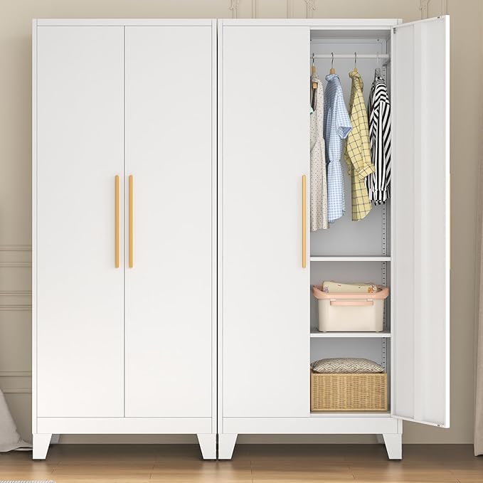 72" Tall Metal Armoire Wardrobe Closet - Large Clothing Storage Cabinet with 1 Hanging Rod,2 Adjustable Shelves & 2 Doors - Closet Organizer for Bedroom,Office, Laundry Room, Garage - White