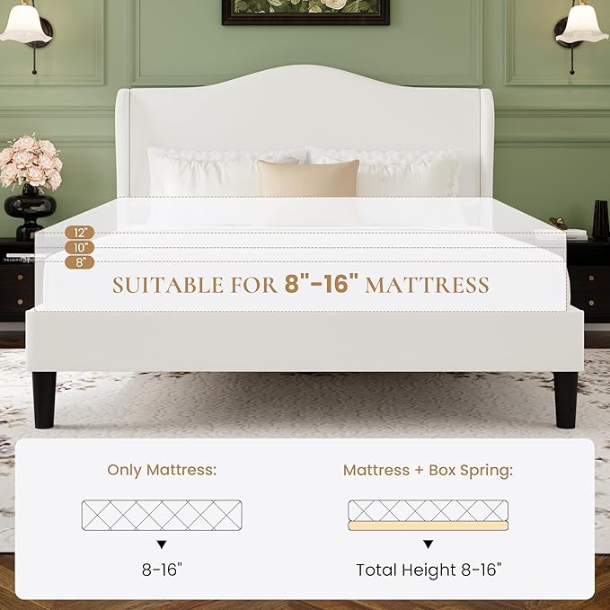 SHA CERLIN Full Size Velvet Platform Bed Frame with Elegant Wingback Headboard, Modern & Luxurious Design, Sturdy Wooden Slats, No Box Spring Required, Easy Assembly, Noise-Free, Soft White