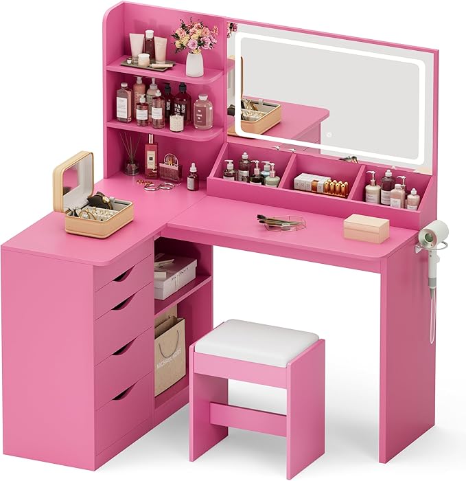 Furmax Vanity Desk with Mirror, L Shape Vanity, LED Lighted Mirror, with Power Outlet and 3 Storage Shelves, Makeup Table with 5 Drawers, 3 Color Modes, for Bedroom(Pink)
