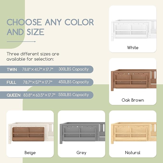 Bellemave Queen Floor Bed Frame with Fence & Bookshelf, Solid Wood Montessori Floor Bed Frame Queen with Slats Load 550LBS, Low Floor Bed for Kids, Bedroom, Nursery, Easy Assembly, Natural