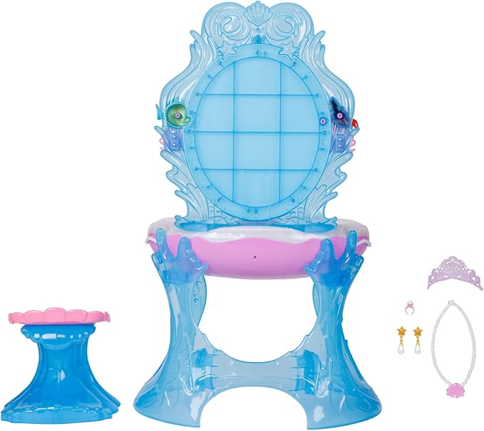Disney Princess Ariel Vanity for Girls with Lights & Sounds, Plays "Under The Sea" - Magical Light Up Effect Looks Just Like Water! Pretend Play Girls Vanity Set with Mirror and Stool