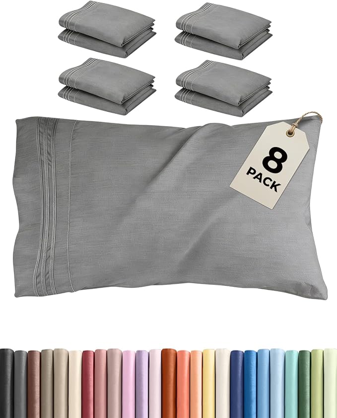 Queen Pillow Cases Set of 8 - Ultra Soft Hotel Quality Pillowcase Covers - Comfy & Wrinkle Free - Shrink, Stain and Fade Resistant - Machine Washable Pillow Protectors - 8 Piece Set - Heathered Grey