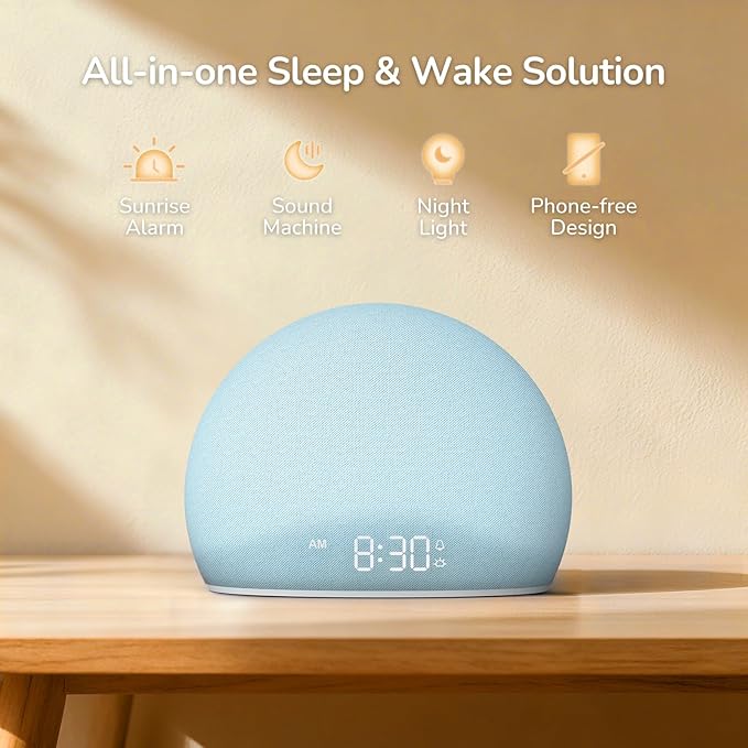 HOUSBAY Sunrise Alarm Clock, White Noise Sound Machine for Bedroom | Natural Wake-Up Light with Gentle Alarm Sounds, 20 Soothing Sleep Aids, Dimmable Display, Screen-Free Design - Blue