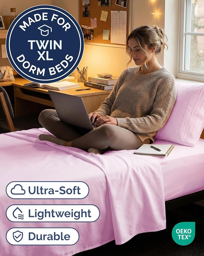 Twin XL Size 3 Piece Sheet Set - Comfy Breathable & Cooling Sheets - Hotel Luxury Bed Sheets for Women & Men - Deep Pockets, Easy-Fit, Soft & Wrinkle Free Sheets - Light Pink Oeko-Tex Bed Sheet Set