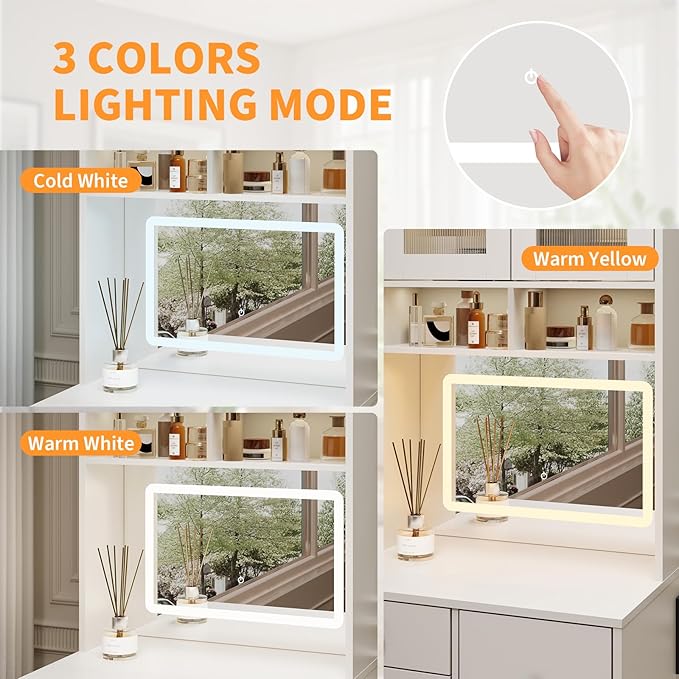 GarveeLife Compact Vanity, Make Up Vanity Desk with Mirror and Lights, White Vanity Table Set with Charger Station,Girls Small Vanity and Storage Chair