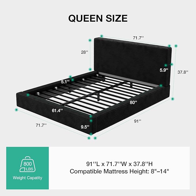 Novilla Queen Size Bed Frame, Plush CloudSoft Bed, Corduroy Upholstered Platform Bed Frame with Headboard, Easy Assembly, No Box Spring Needed, Modern Soft Bed Frame, Black