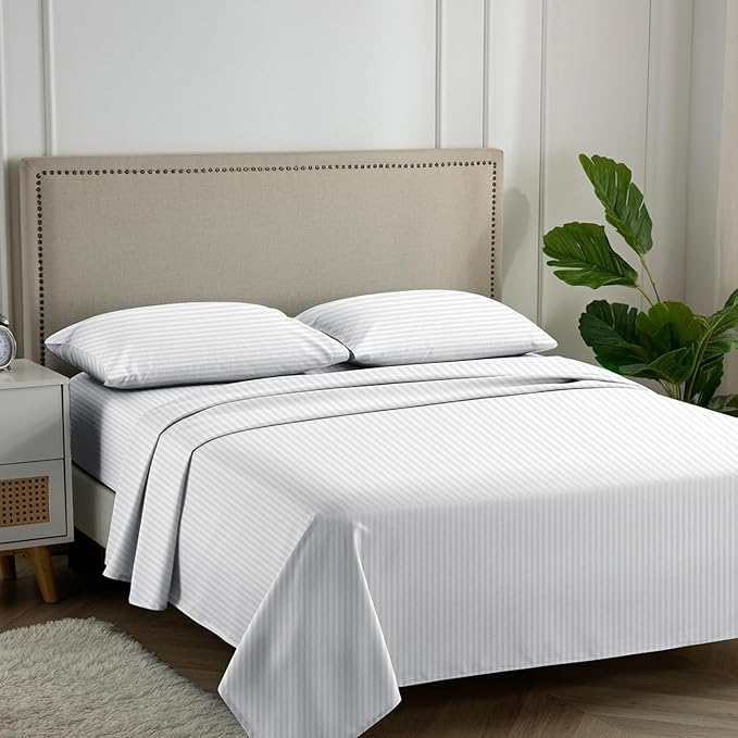 Carressa Linen Luxury Egyptian Cotton California King Stripe Sheet Set - 600 Series Hydrangeas Collection Long Staple (4 PC, White), Cal King Upto 18 in Deep Pocket, Soft Cooling Sateen Sheets