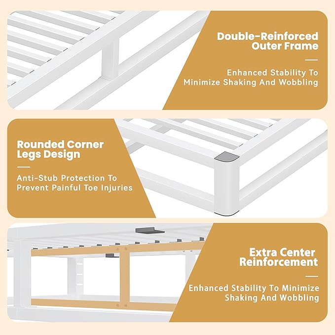 10 Inch King Size Bed Frame with Rounded Corner and Squeak Free U-Slot Design, Metal Platform Bed Frames 6 Non-Slip Guards, 3500lbs Heavy Duty Steel Slat Support, No Box Spring Needed, White
