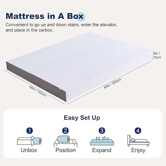 Amazon Basics Breathable Memory Foam Mattress, Soft Plush Feel, 6 Inch, Queen, White/Grey, 80 x 60 x 6 inches (LxWxH)