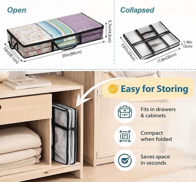 Clear PVC Under Bed Storage Bags for Clothes – Waterproof Zippered Blanket & Comforter Organizer, Foldable Space-Saving Storage (3 Pack, 49L)