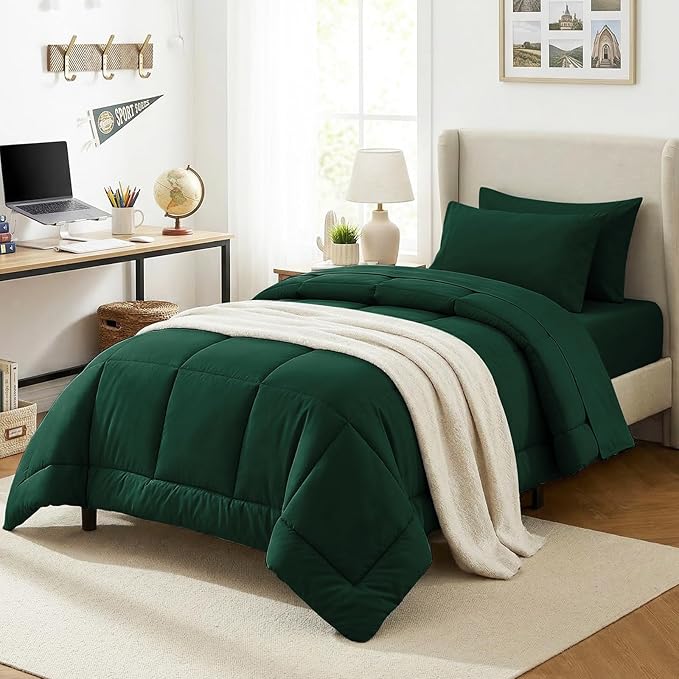 CozyLux Twin Comforter Set with Sheets Emerald Green, 5 Pieces Bed in a Bag, Green Comforter Twin Size, All Season Bedding Set with Stitch Quilted Comforter, Flat Sheet, Fitted Sheet, Pillowcases