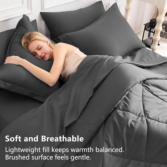 CozyLux Full Size Comforter Sets Dark Grey - 7 Pieces Bed in a Bag Full, Luxury Soft Bed Set for All Seasons, Bedding Set with Down Alternative Comforter, Sheets, Pillowcases & Shams