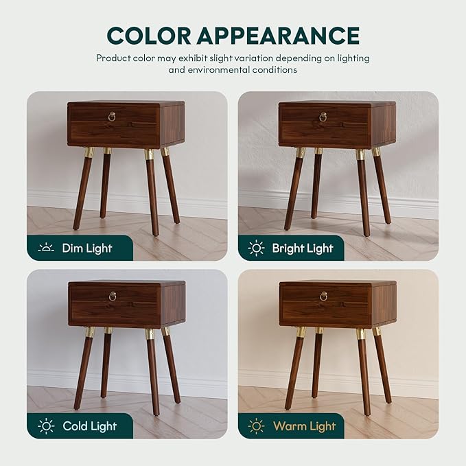 Bme Alden Solid Wood Nightstand/Side Table/End Table, Fully Assembled, with 1-Drawer for Mid Century Bedroom and Living Room, (12mm), Dark Chocolate