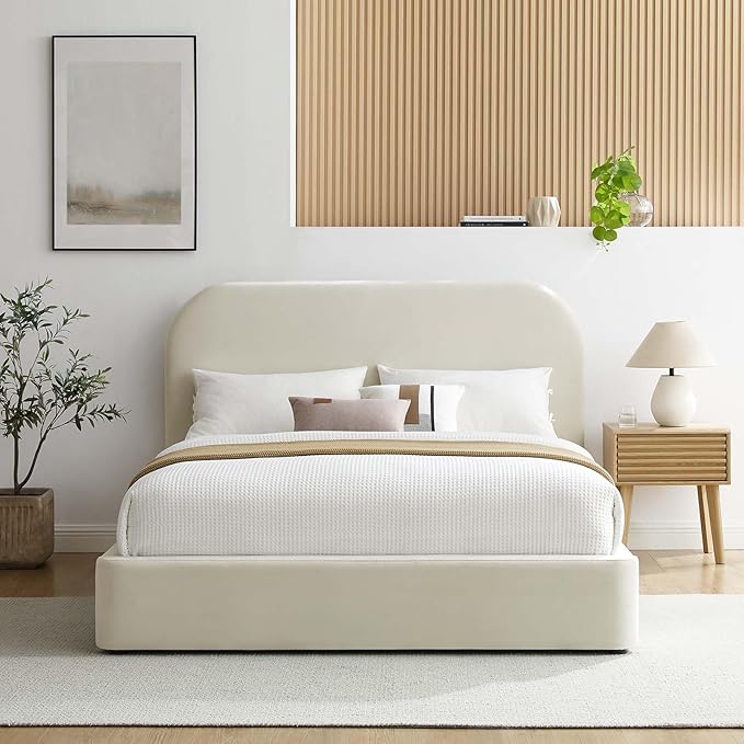 Modway Keynote Modern Full Bed Frame with Curve Shaped Headboard in Alabaster, Upholstered in Performance Velvet, Full Size Platform Bed, Soft Cloud Bed Frameain-Resistant Velvet Full Bed