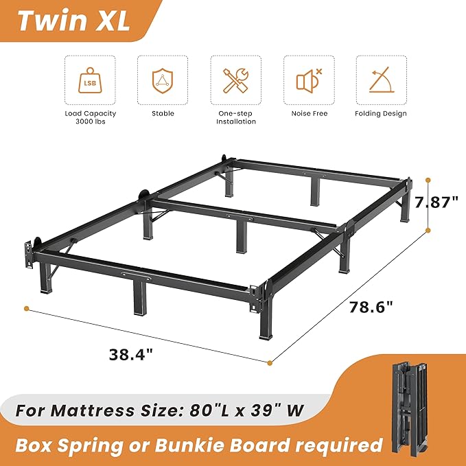 MAF Metal Bed Frame Twin XL 8 Inches, 9-Legs Support Bed Base, Twin XL Bed Frame for Box Spring and Mattress, Basics Bed Frame Headboard Attachable Tool-Free Easy Assembly, Black