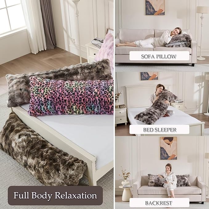 Luxury Shaggy Faux Fur Body Pillow,Fluffy Bed Pillow with Zipper Closure,Soft Decorative Plush Full Long Pillows,Fuzzy Hug Pillow for Living Room Side Sleeper & Pregnancy 20"x54" Tie-dye Gray
