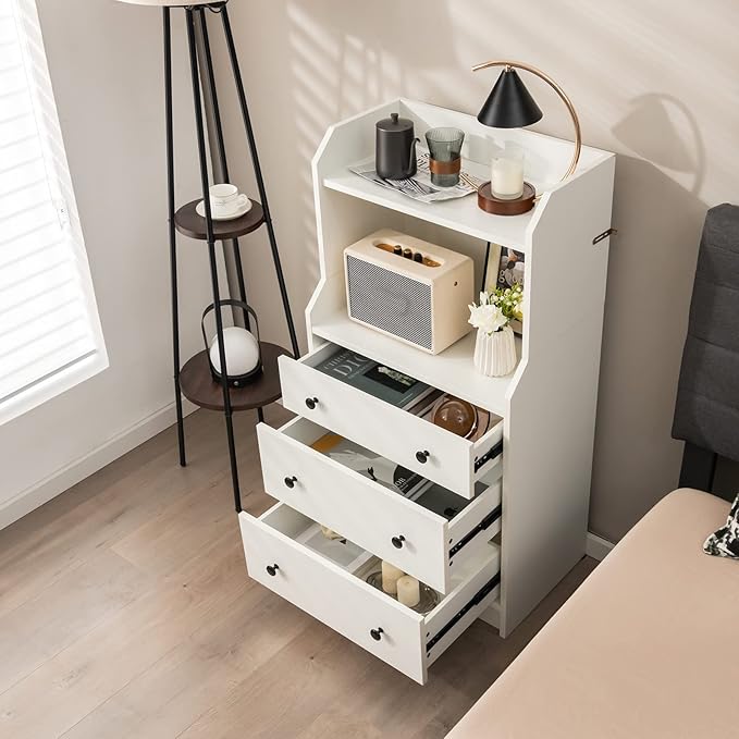 Tall 3 Drawers Dresser, Wood Chest of Drawers with 2 Open Shelves, Modern Nightstand with Anti-Toppling Device, Home Storage Cabinet Dresser Closet for Bedroom, Living Room, Entryway (White)