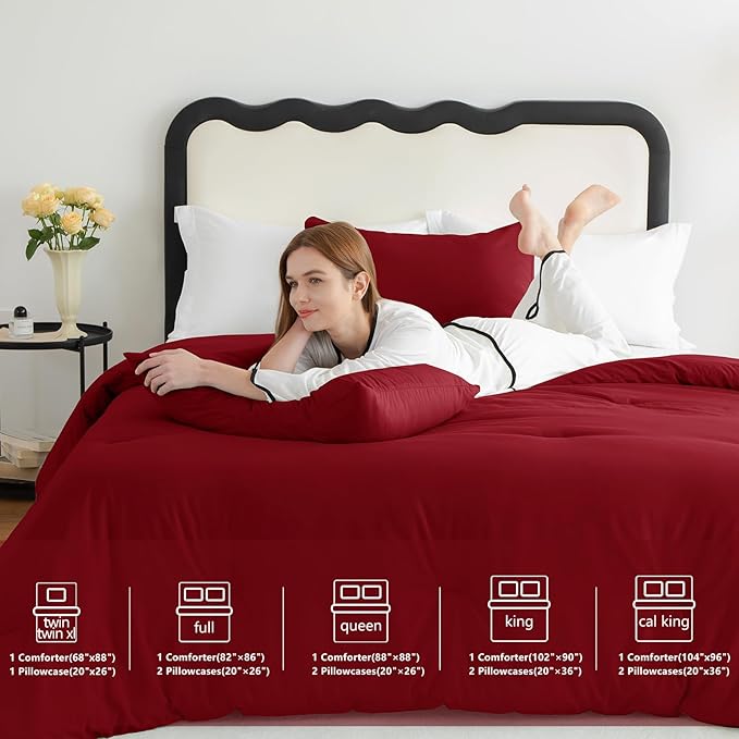 CozyLux King Size Comforter Set Dark Red, 3 Pieces Solid Comforters King Size Breathable Quilted Bedding Sets, Luxury Soft Lightweight Bed Set with Down Alternative Comforter and 2 Pillowcases