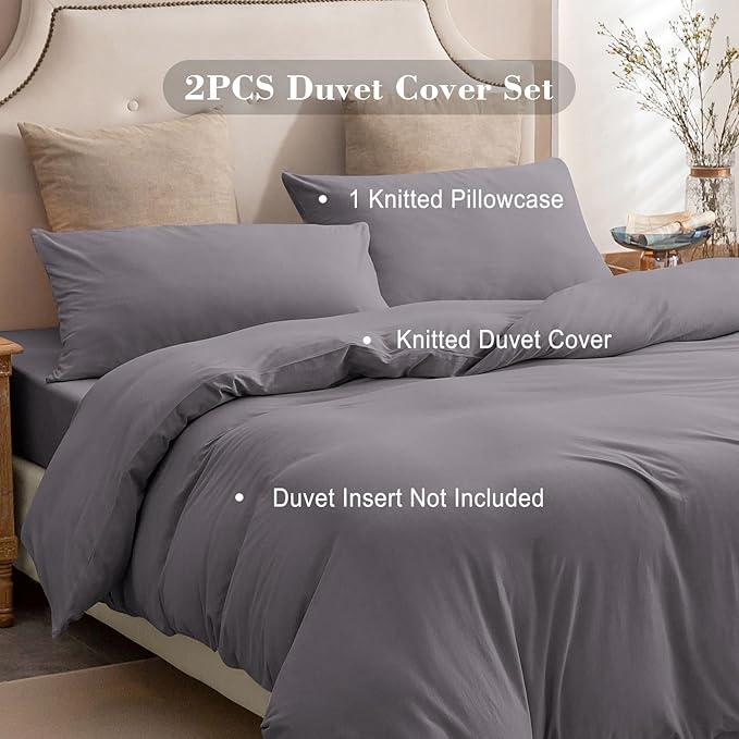 PURE ERA Jersey Knit Duvet Cover Set 100% T-Shirt Cotton Super Soft Comfy 3pc Bedding Set with Zipper Closure (Solid Grey Purple, Queen, 90"X90")