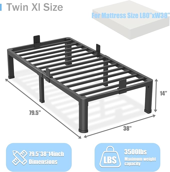 Yitong Angel 14 inch Twin XL Bed Frame with Round Corner Legs Mattress Slide Stopper,3500 lbs Heavy Duty Metal Platform,No Box Spring Needed,Easy Assembly,Noise Free