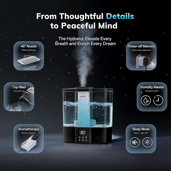 AEOCKY Geek-Level Humidifier for Baby, Quiet Ultrasonic Humidifiers for Bedroom, Nursery with Ambient Light, 4L Top-Fill Cool Mist Diffuser with Timer, Sleep, Auto, Constant Humidity Mode (Black)