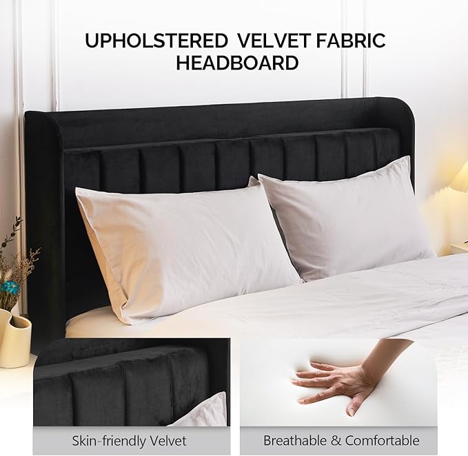 VINGLI Upholstered Platform Bed Queen Panel Bed Frame with Headboard, Wingback Storage Bed Queen with Charging Station, Velvet Black