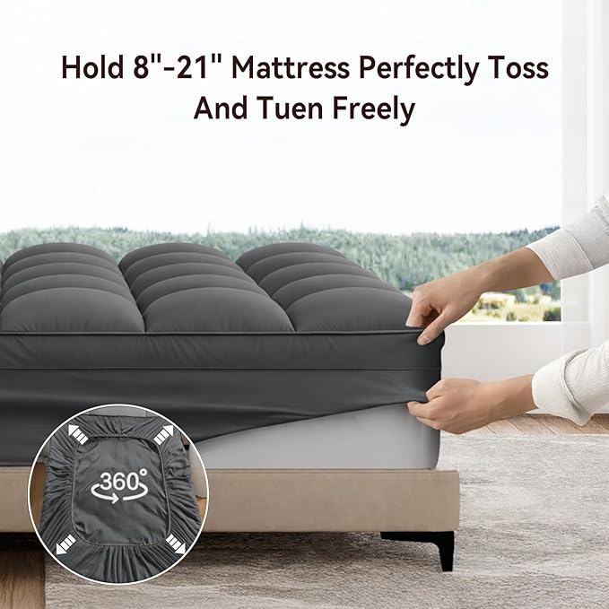 ABENE Mattress Topper for Back Pain Relief, Extra Thick Mattress Pad Pillowtop, Soft Mattress Protector Cover with 8"-21" Deep Pocket, Overfilled Down Alternative Filling (Gray, Full XL)