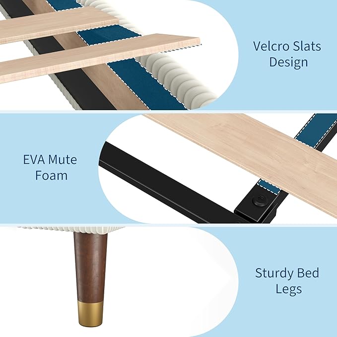 GarveeHome Full Size Bed Frame with Upholstered Headboard and Strong Wooden Slats Support, Soft Corduroy Fabric Platform Bed, No Boxing Spring Needed, Easy Assembly, Beige