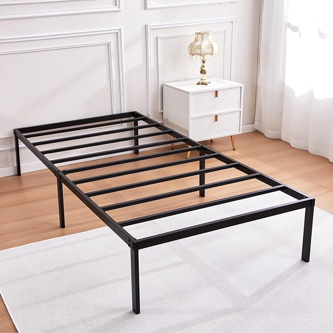 Heavy Duty Metal Bed Frame Twin Size 38" W 75" L 14" H inch with Storage Mattress Foundation Steel Slats Platform Easy Assembly Black