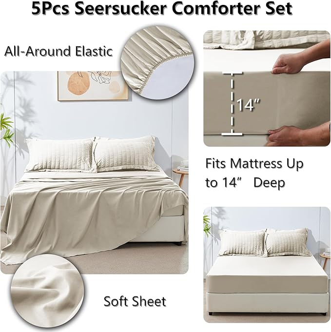 CozyLux Twin Comforter Set with Sheets 5 Pieces, Beige Seersucker Textured Bed in a Bag for Bedroom, Luxury Soft Bedding Sets with Down Alternative Comforter, Sheets, Pillowcase & Sham for All Seasons