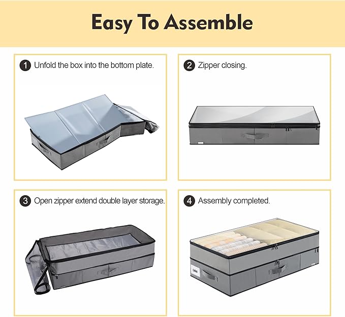 Supowin Large Under Bed Storage Containers, 2-Pack Double Layer Underbed Storage Bins with 3 Handles, 70L Extensible/Closed Clothes Storage Organizer with Sturdy Bottom Sidewalls, Grey