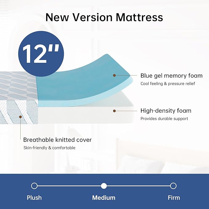 TFD Queen Size Mattress,12 Inch Cooling Gel Memory Foam Mattress in a Box for Pressure Relief, No Fiberglass, Motion Isolation, Removable Washable Cover, Medium Firm, 80''L x 60''W