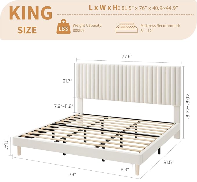 IDEALHOUSE King Bed Frame with Adjustable Headboard, Velvet Upholstered Platform King Size Bed Frame, Vertical Channel Tufted, Strong Wooden Slats, No Box Spring Needed, Easy Assembly, Beige