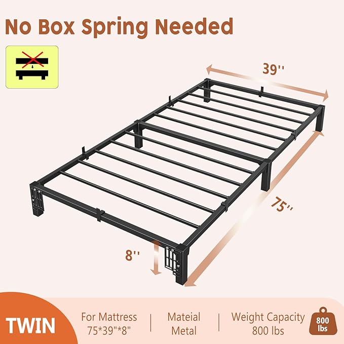 GarveeHome 8 in Twin Bed Frame, Heavy Duty Metal Platform Bed Frame with Durable Iron Slat Support and Legs, No Box Spring Required, No Screws Needed, Support Up to 800 LBS