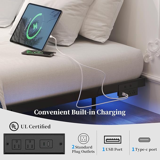 Awesofurni Floating Bed Frame Full Size with Smart LED Lights and Charging Station, Heavy Duty Modern Metal Platform Bed No Box Spring Needed - Easy Assembly and Noise Free
