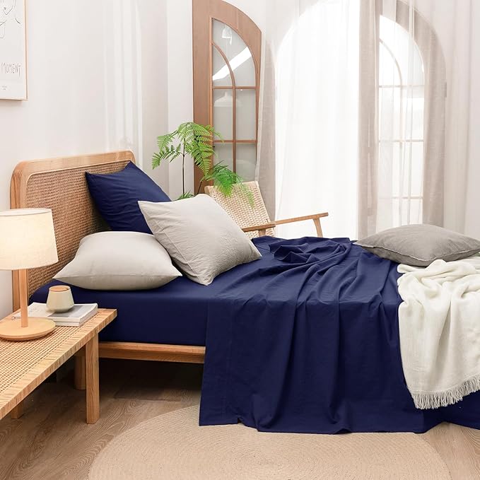 BESTOUCH 100% Washed Cotton Pillowcase for Hair and Skin Linen Feel Soft Comfortable Breathable 2 Set Pillow Case with Envelope Closure Solid Navy Blue Euro 26x26 Inches