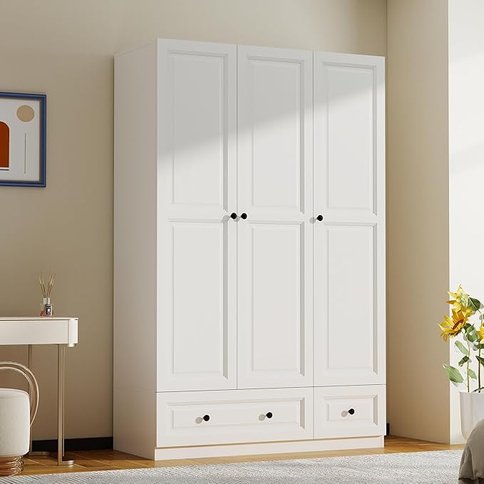 Armoire Wardrobe Closet with Drawers: 74" White Wardrobe Close with 3 Doors, Tall Armoire with Hanging Rod, Large Wood Clothes Cabinet for Bedroom (White, 47")
