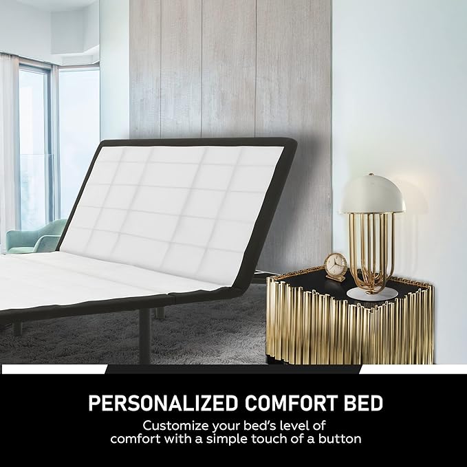 Greaton 15-inch Adjustable Bed Frame with Decorative Fabrics | Head Inclining with Wired Remote, Protective Foot Retainer Bar, 12-inch Patented Screw-in Durable Legs, Queen, White