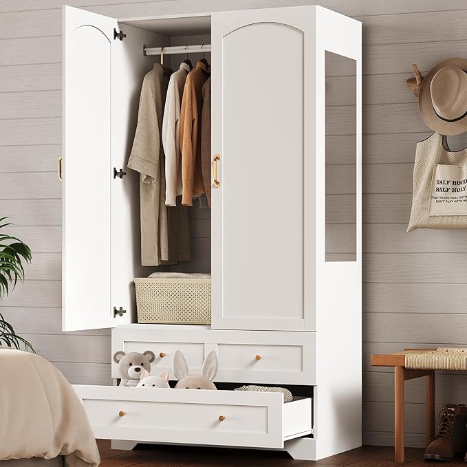 Set of 2 Armoire Wardrobe Closet, with Full-Length Mirror, Bedroom Armoires with 2 Storage Drawers & 2 Door Cabinet, White Freestanding Wardrobe Combination with Hanging and Organizing Clothes