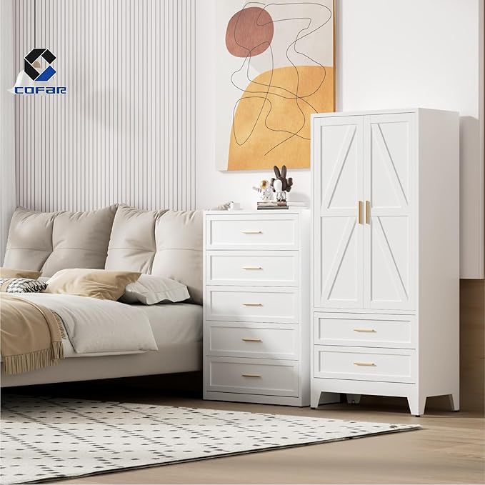 COFaR Armoire Wardrobe Closet with Drawers & Hanging Rod, 71'' Metal Wardrobe Closet with Doors & Adjustable Shelf, Farmhouse Wardrobe Cabinet for Bedroom Home Office, White