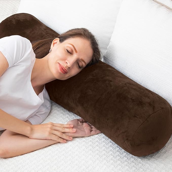 1 MIDDLE ONE Round Body Pillow for Adults, Long Bolster Pillow for Bed with Removable Velvet Cover, Decorative Tube Roll Cylinder Pillow, 35 x 7.87 Inch, Coffee