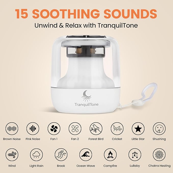 Mini Sleep Sound Machine for Baby, Kids & Adults – 15 Calming Sounds, Soft Night Light, USB-C Rechargeable (10+ hrs), Timer – Portable Travel White Noise Machine by TranquilTone