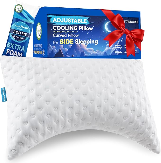 Side Sleeper Pillows for Neck & Shoulder Comfort - Ergonomic Curved Crescent Design, Adjustable Shredded Memory Foam, Cooling & Soft Cover, Extra Fill Included, Standard Size