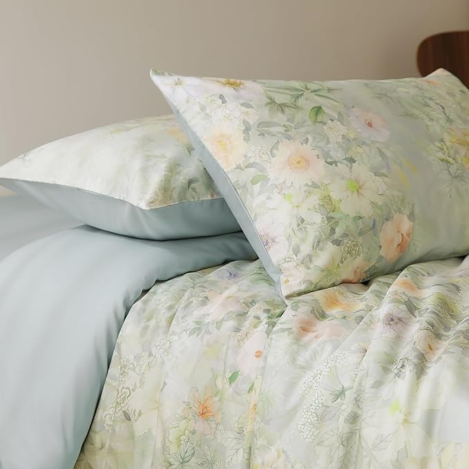 VM VOUGEMARKET Sage Green Floral Duvet Cover Set King, Premium Long-Staple Cotton Comforter Cover,Silky Breathable Watercolor Flower Bedding for Elegant Bedroom Atmosphere