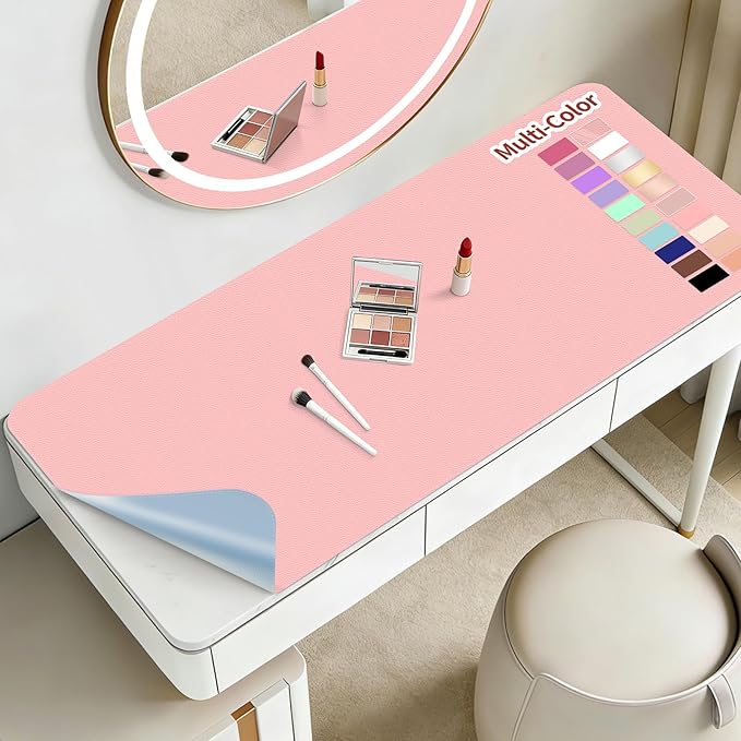 Makeup Mat for Vanity to Protect Desk Top 23.6 x 11.8in, Dual-Sided Makeup Mat, Easy to Clean Desk Pad - Waterproof and Oilproof Vanity Accessories (Fairy Pink and Blue)