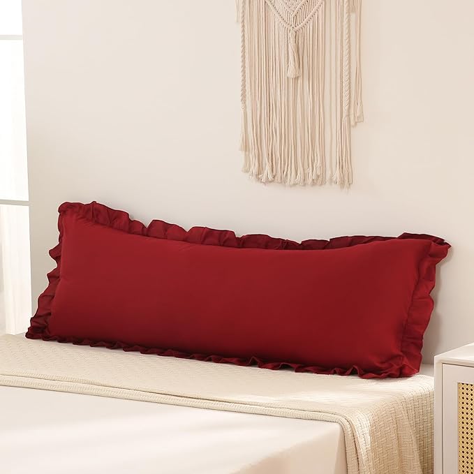 Burgundy Body Pillow Cover 20x54inches Long Pillowcase Ruffled Pillowcases Shabby Chic Ruffled Fringe Decor Body Ruffled Pillow Sham Cute Pillowcase (1 Body, Burgundy)