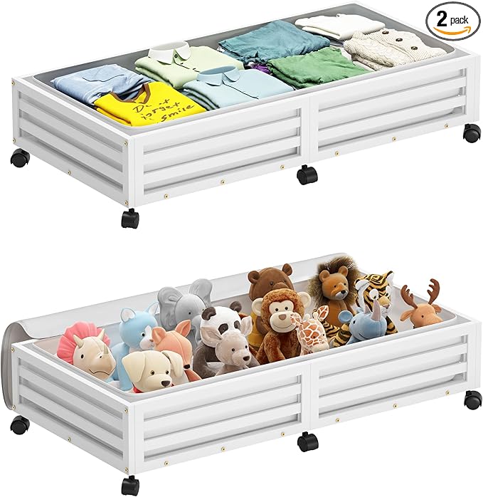 Wisuce Bamboo Under Bed Storage Containers- Underbed Organizer with Wheels with Dust Bag,Sturdy Wood Rolling Under the Bed Shoe Storage Organizer Drawers (White, 2 Pack (33.07"×16.54"))