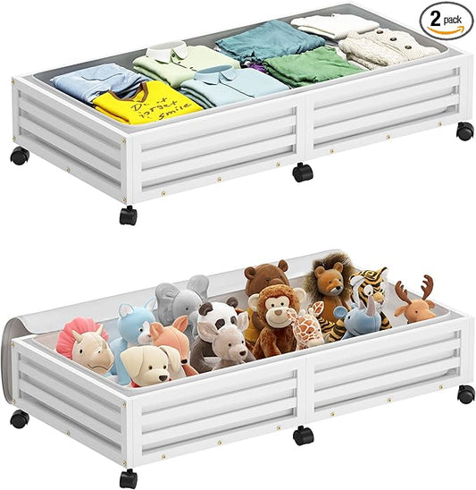 Wisuce Bamboo Under Bed Storage Containers- Underbed Organizer with Wheels with Dust Bag,Sturdy Wood Rolling Under the Bed Shoe Storage Organizer Drawers (White, 2 Pack (33.07"×16.54"))